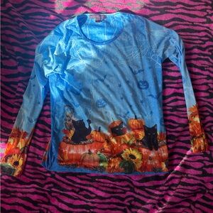 Gloria Vanderbilt Halloween Cats and Pumpkins Long Sleeve Shirt
